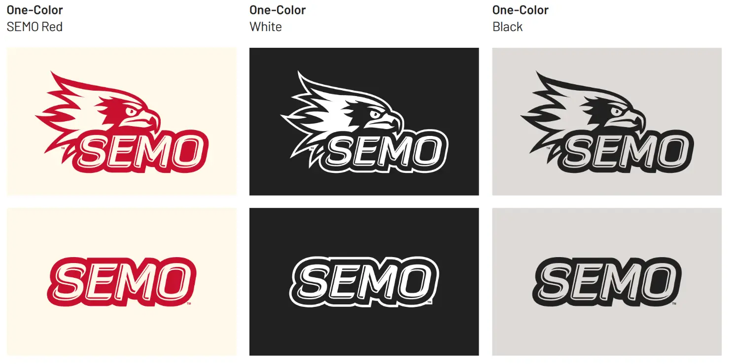 visual example of SEMO spirit logo with single color variations against different backgrounds