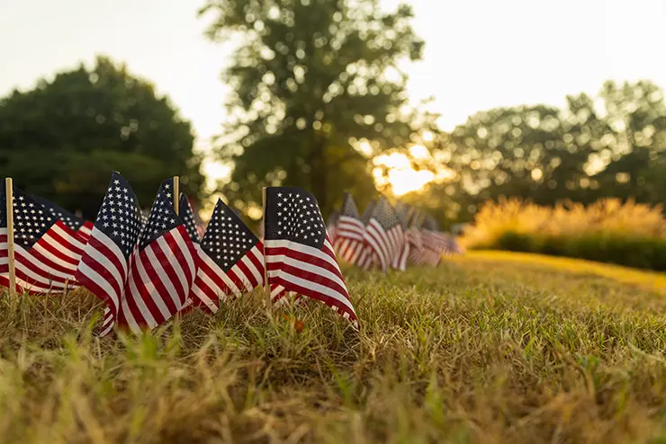 tiny flags line the lawn in front of Academic Hall at SEMO for Patriots Day