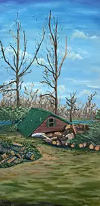 a painting of a run down house against green grass and a blue sky