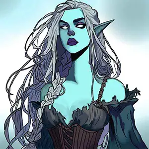 artwork of a fantasy nature featuring a blue skinned woman with white hair and pointed ears