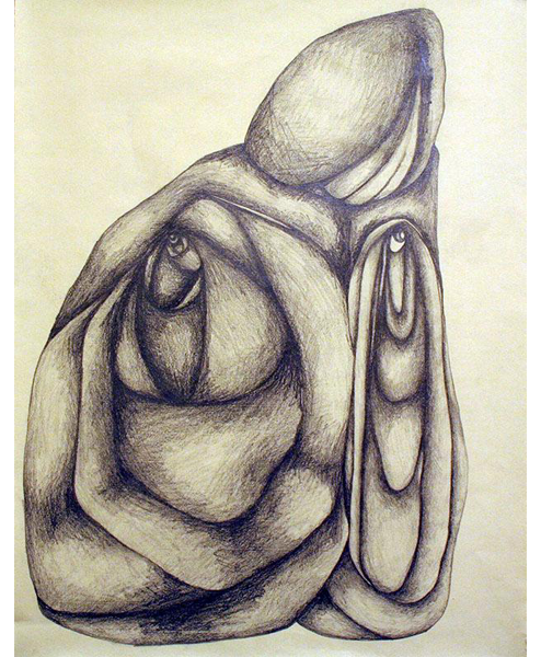 Abstract pencil drawing of a shape with various shadings using pencil. 