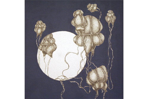 A navy blue background with a large white circle just off center. There are multiple creatures that resemble brown jelly fish floating in the foreground. 