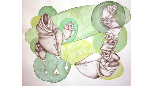 Painting using circles and cylinders in shades of green along with abstract shapes in shades of brown. 