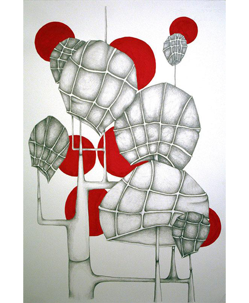 Drawing that includes circular grids in shades of gray and red circles in the back ground. 