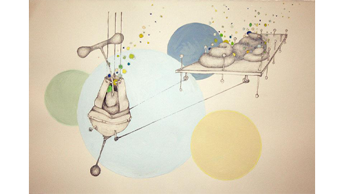 Painting with circles of varying sizes shaded in using yellows, blues, and greens along with an abstract image drawn in grey. 