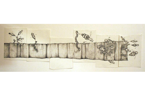 Pencil sketch of a fence-like structure with abstract shapes protruding from it. 