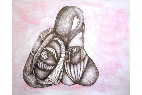 Pink background with a pencil drawn abstract figure that includes elongated shapes and many sketched lines. 