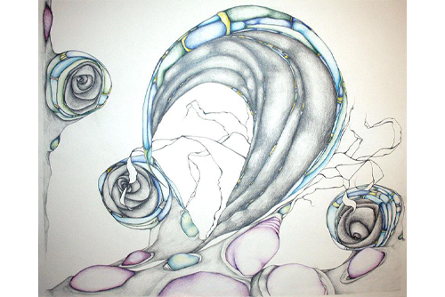 An abstract drawing of a wave shape with circular figures drawn in shades of gray, pink, blue, green, and yellow. 