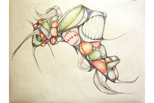 An abstract drawing that includes shapes shaded in green, red, purple, blue, and gray. 