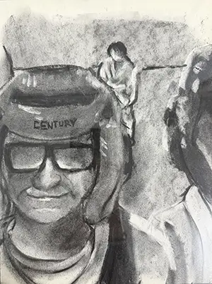 a charcoal drawing of a man in a helmet