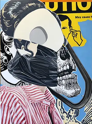 a collage style piece of artwork featuring a boney jaw, a striped shirt, a woman's hairstyle and other cut-out type pieces