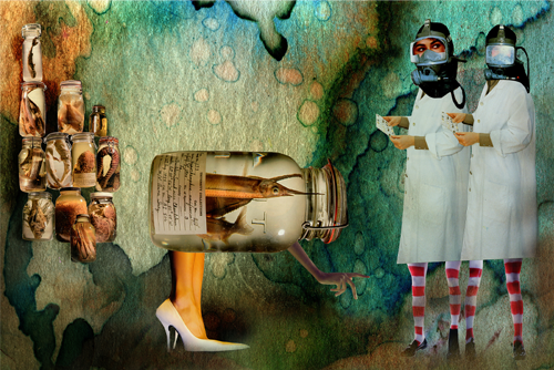 A character collage by professor Emily Denlinger. 