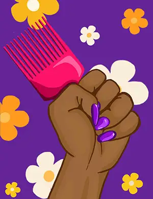 a piece of artwork featuring a black woman's hand holding up a pink hair pick against a purple background peppered with flowers