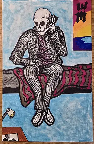 a mixed media drawing of a skull-headed man sitting on a bed holding a phone to his ear