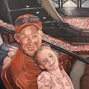 a painting by megan mckean featuring a man and his child sitting in a sports stadium and posing as if for a photo