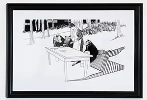 a pen and ink drawing featuring woodland animals sitting a at smiple table, a woman serves them