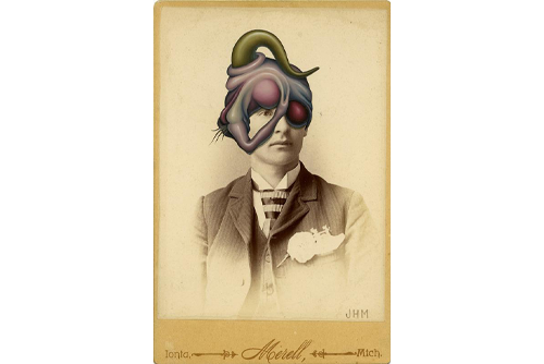 A sepia-colored photo of a man wearing a three-piece suit with a broach on his lapel is painted with a blob-like object on his head with one eye covered. 