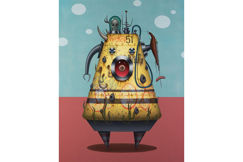 A yellow space shuttle painted with graffiti in front of a green and mauve background. 