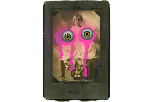 An old-fashioned photo of a young girl with two children sitting on stools in front of her. The two children in front have large eyeballs painted over each of their faces with bright pink face streaming down behind the eyeballs. 