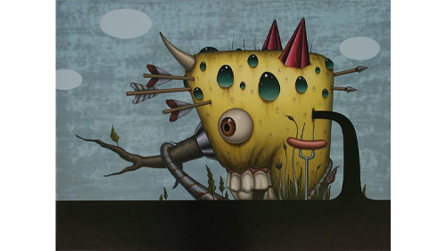 A side profile of a large yellow creature with large teeth and three arrows sticking through its head on a blue background. 