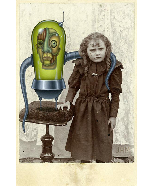 An old-fashioned photo of a young girl with a futuristic capsule with a floating head inside it. The capsule has a tentacle wrapped around the young girl. 