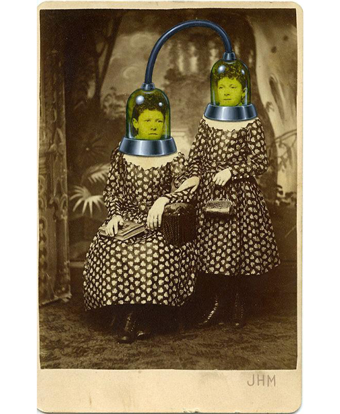 An old fashioned, sepia colored photo of two women, each with a futuristic capsule over their heads. 