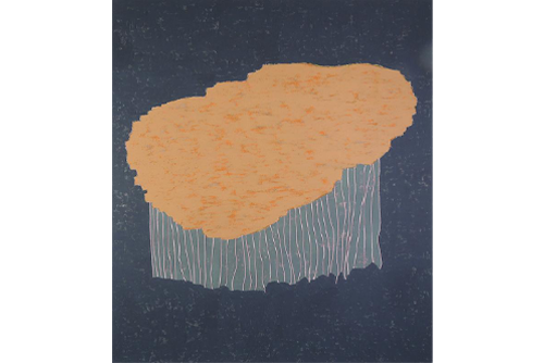 An orange shape with gray and pink lines flowing down from it on a blue speckled background. 