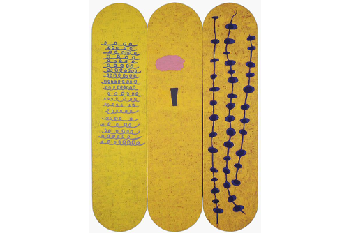 Three long yellow cyllindrical objects. One with blue squiggle lines, another with a pink blob and gray rectangle, and the last with long blue lines with circles. 