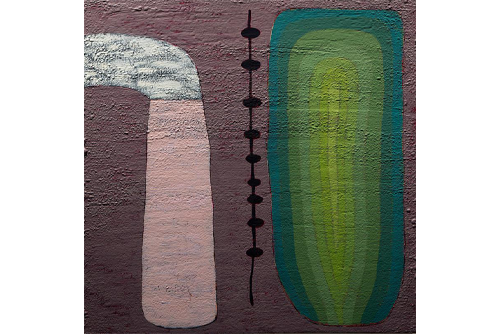 A mauve back ground with a pink and white object on the left side, a black line with circles down the middle, and a cylindrical object of multiples shades of green. 