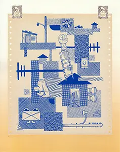 a print all in blue of houses, power lines, and other items