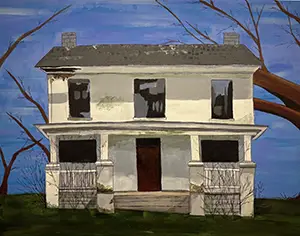 a painting of a house against a blue sky