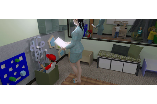 Image displays a child playing with cars at the sensory wall while their therapist observes. 