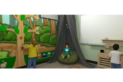 Three children utilizing space in different ways: quiet corner, sensory tree, dramatic play kitchen. 