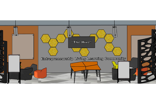 Semi-enclosed collaborative meeting space with flexible use furniture options, glass boards on wall. 
