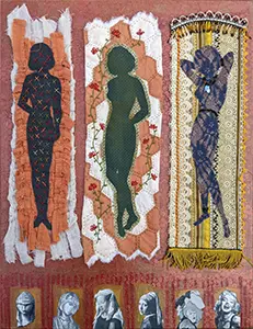 a piece of artwork featuring semi-abstract femail figures