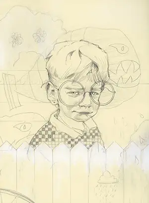 a pencil drawing of a boy with comically large glasses