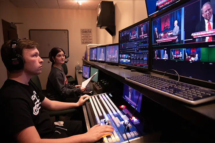 sorkemo mass media degree students work in a television production studio at SEMO Missouri college with experiential learning programs