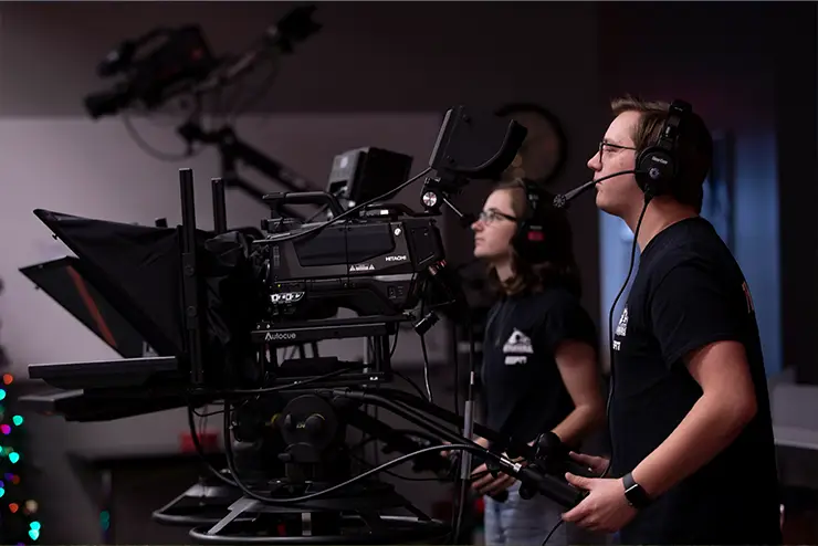 A student working in KFVS tower as a part of the SEMO partnership making SEMO a best value public college in Missouri