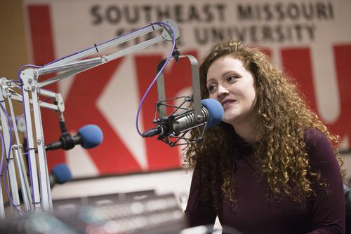 Lindsey Grojean works on-air at KRCU.