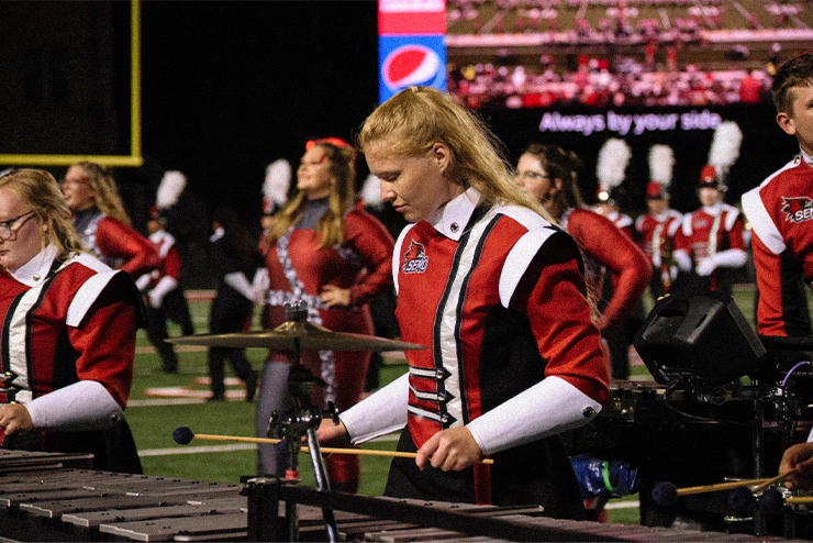 Percussion Drum Line during a SEMO Golden Eagles Marching Band Performance at Southeast Missouri State University in Cape Girardeau, Missouri