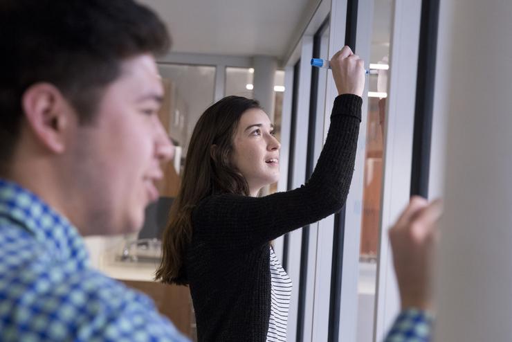 Business students write on a whiteboard