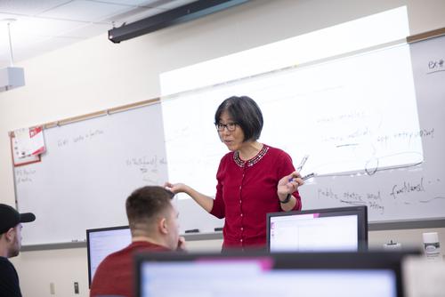 A computer science professor speaks to students in a Dempster Hall computer lab.