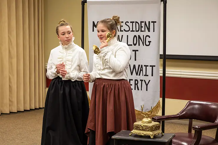two local students participate in Regional History day by dressing in period clothing and putting on a history skit at semo a Missouri college known for job readiness