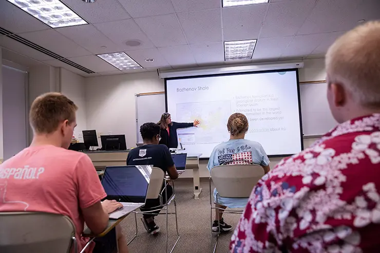 a lecturer talks at the front of a classroom to engagged students at semo a Missouri college known for job readiness