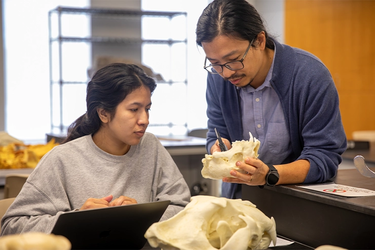 A professor talks with a student in the biology lab.