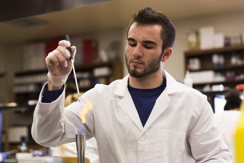 A biology student sterilizes a tool in a biology lab