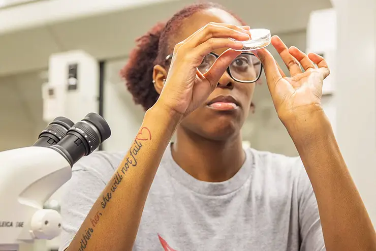 a forensic chemistry student takes a closer look at a material sample in a lab