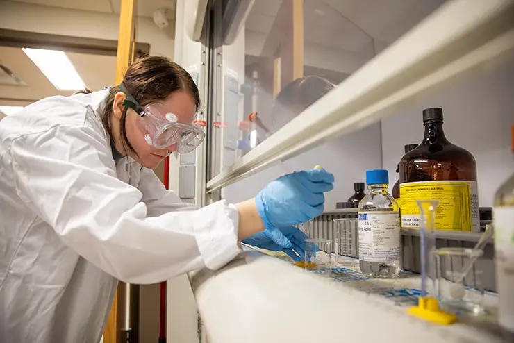 a chemistry major works with compounds under the lab hood