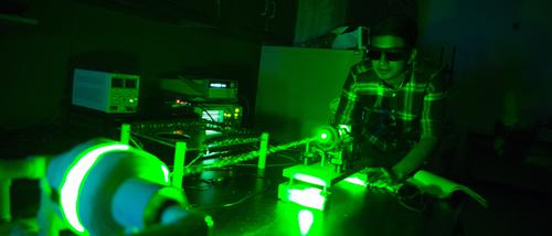 Southeast Missouri State University physics students perform a test with a laser. 