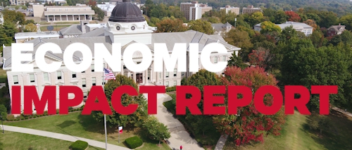Words that say Economic Impact Report over top of an image of River Campus
